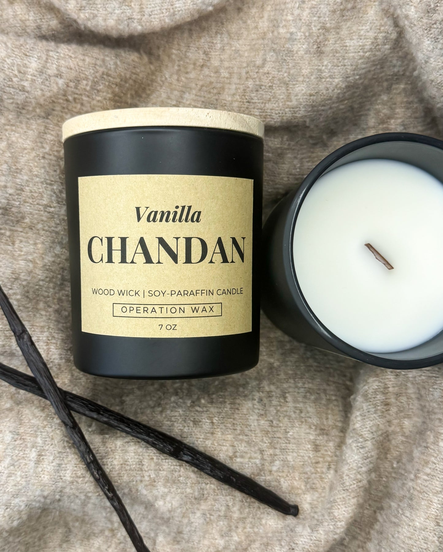 Vanilla Chandan (sandalwood) scented candle with a cozy crackling wood wick
