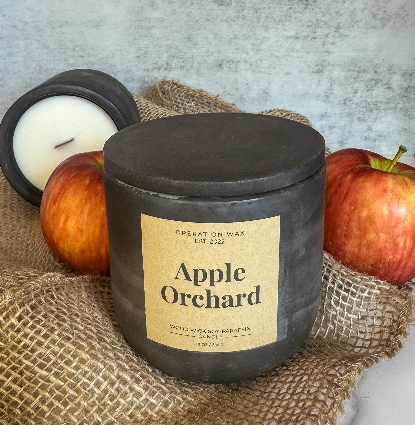 Apple orchard scented fall wood wick candle. 9 ounces