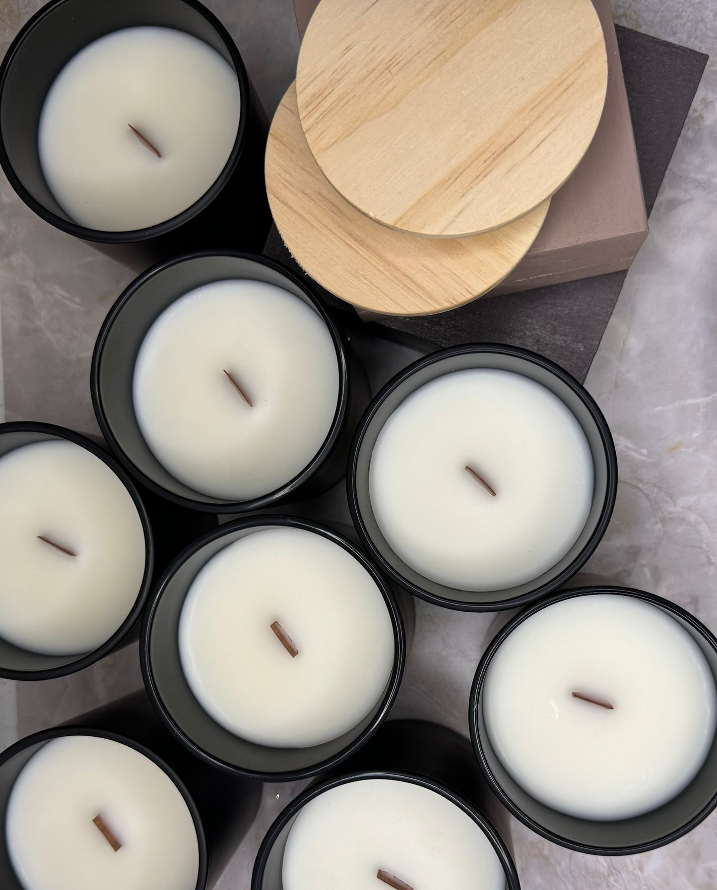 Hand-poured soy and paraffin blend wax candles in eco-friendly packaging, ready for shipping