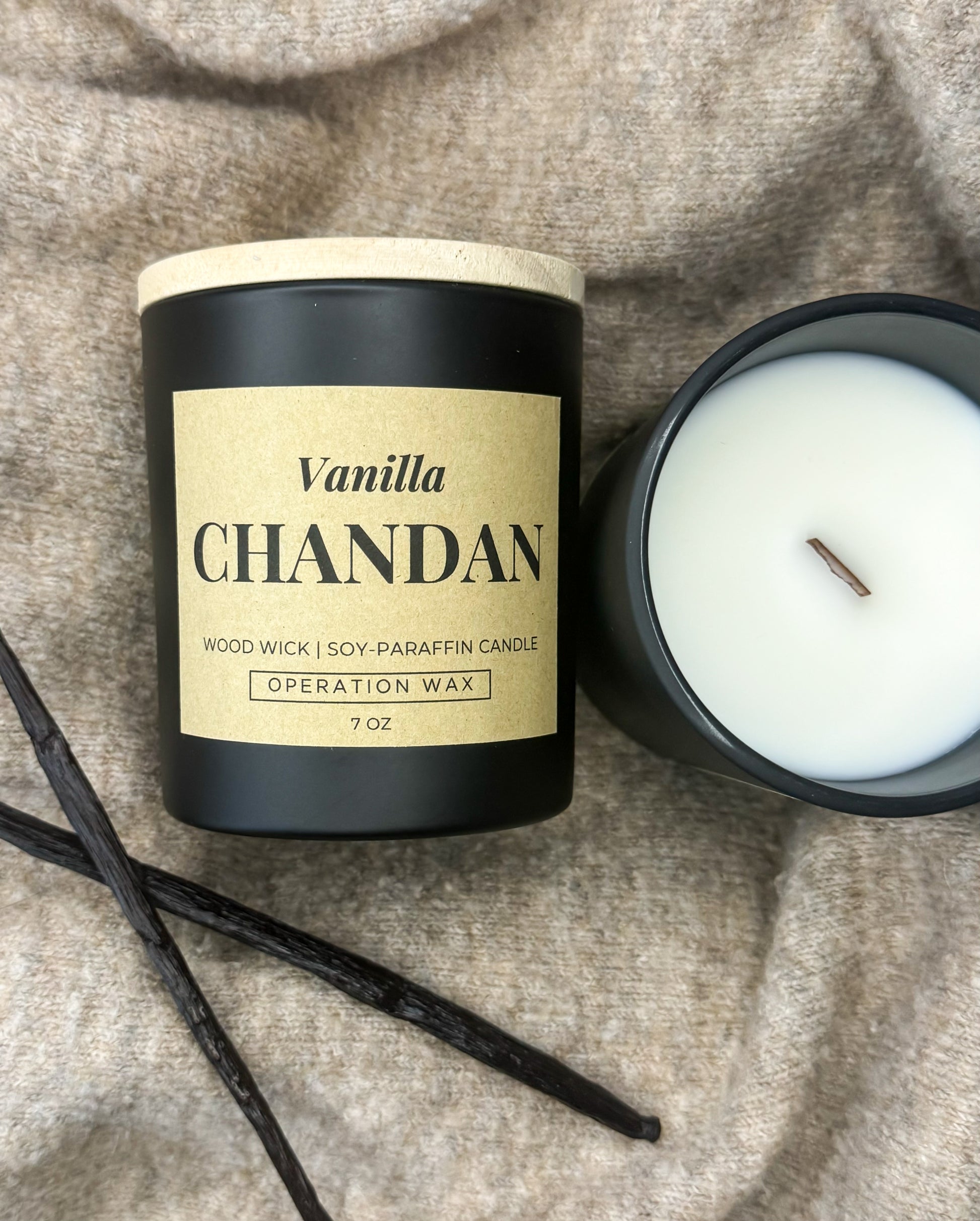 Vanilla Chandan (sandalwood) scented candle with a cozy crackling wood wick