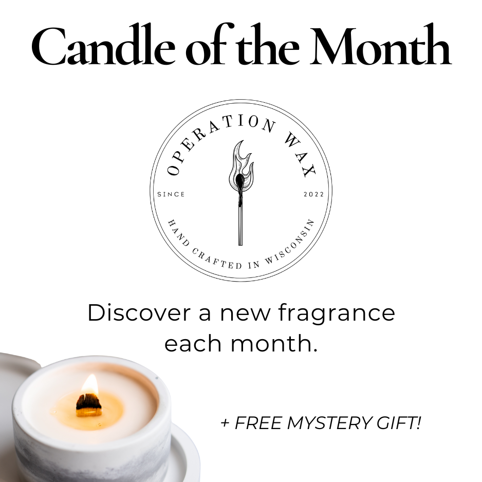 Advertisement for 'Candle of the Month' subscription with Operation Wax logo and candle image. Free mystery gift with first purchase