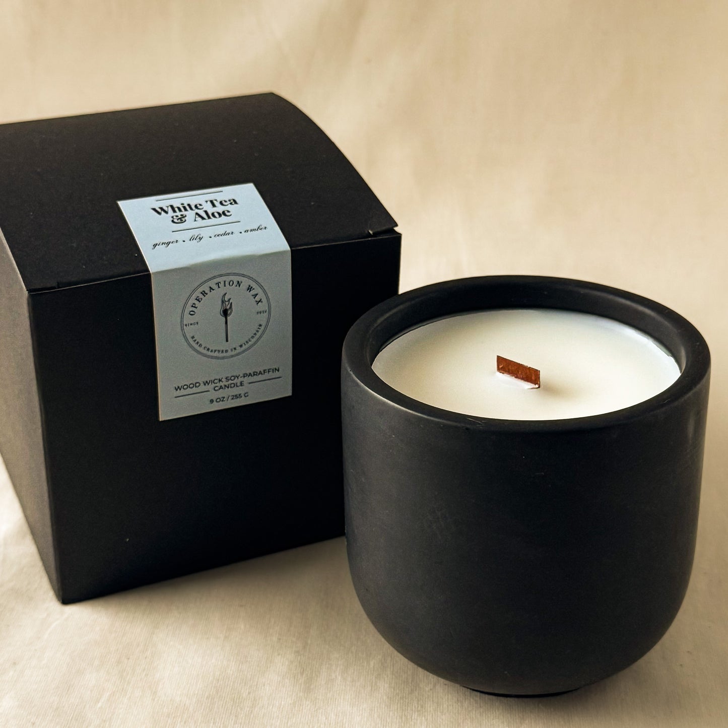 White Tea & Aloe Scented Wood Wick Candle - Cement Jar, 9 oz