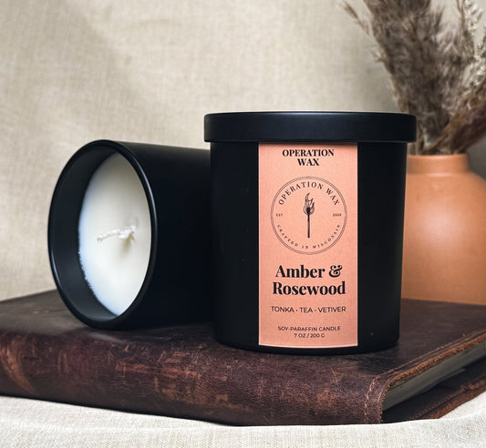 Amber & Rosewood Scented Candle - Operation Wax