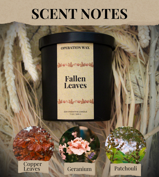 A black Operation Wax candle labeled 'Fallen Leaves' is centered over a background of dried wheat stalks. The top reads 'SCENT NOTES,' and three circular scent photos at the bottom show copper leaves, geranium, and patchouli.